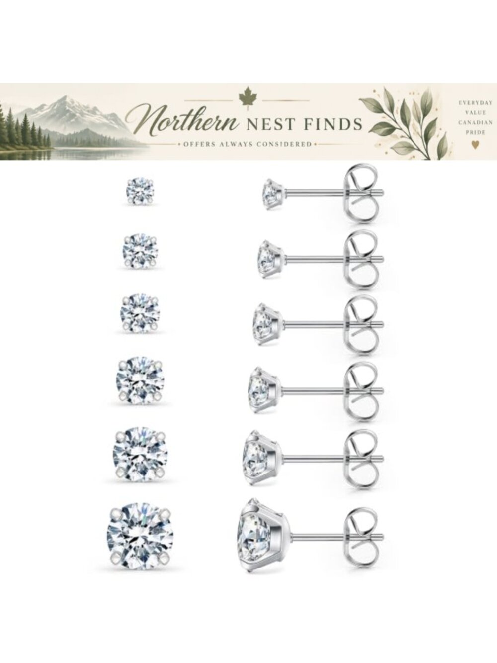 6 Pairs Stud Earrings Set Hypoallergenic Cubic Zirconia 316L Stainless Steel CZ